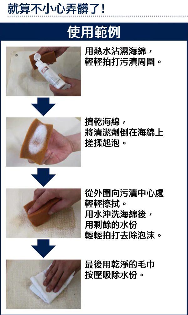 就算不小心弄髒了!使用範例用熱水沾濕海綿輕輕拍打污漬周圍。擠乾海綿,將清潔劑倒在海綿上搓揉起泡。從外圍向污漬中心處輕輕擦拭。用水沖洗海綿後,用剩餘的水份輕輕拍打去除泡沫。最後用乾淨的毛巾按壓吸除水份。