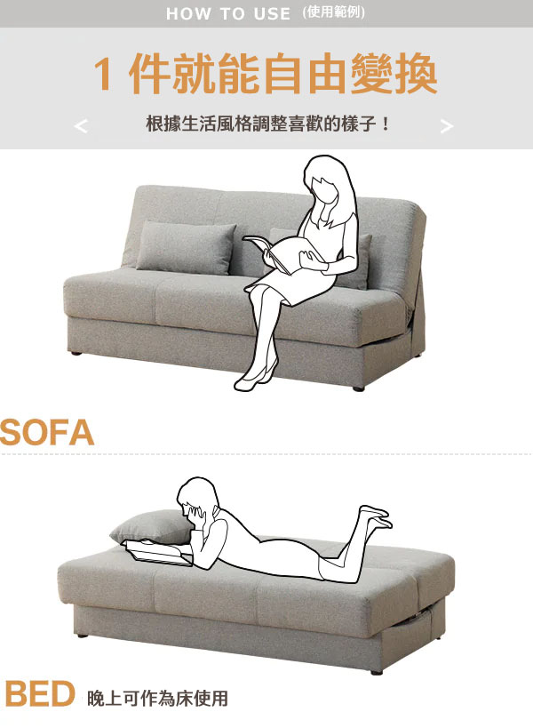 SOFAHOW TO USE (使用範例)1件就能自由變換根據生活風格調整喜歡的樣子!BED 晚上可作為床使用