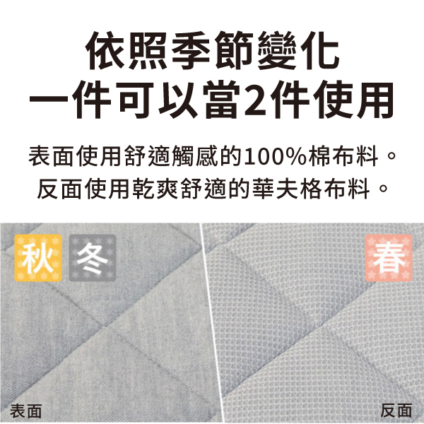 依照季節變化一件可以當2件使用表面使用舒適觸感的100%棉布料。反面使用乾爽舒適的華夫格布料。秋冬春表面反面