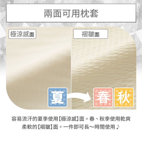 |極涼感面兩面可用枕套褶皺面夏春秋容易流汗的夏季使用【極涼感】面。春、秋季使用乾爽柔軟的【褶皺】面。一件即可長時間使用