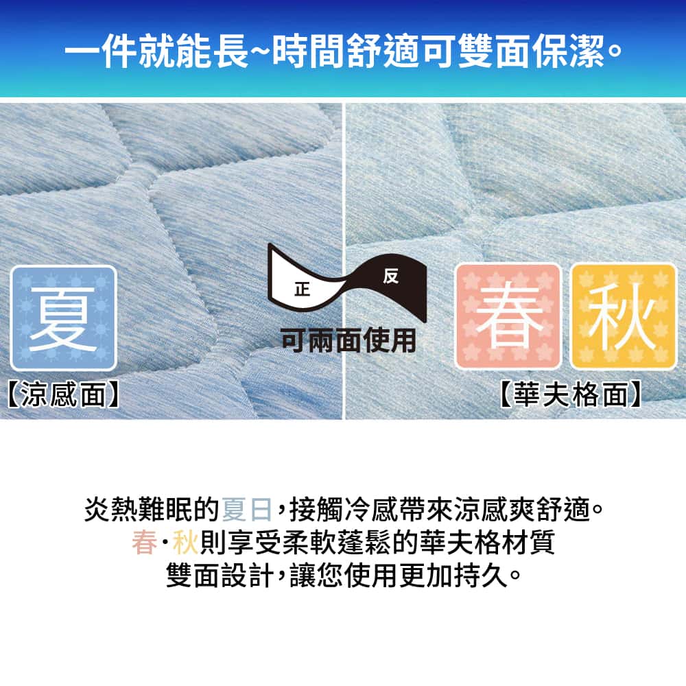 一件就能長~時間舒適可雙面保潔。正夏可兩面使用春秋【涼感面】【華夫格面】炎熱難眠的夏日,接觸冷感帶來涼感爽舒適。春秋則享受柔軟蓬鬆的華夫格材質雙面設計,讓您使用更加持久。