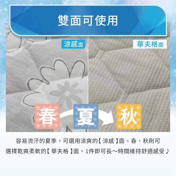 雙面可使用|涼感面春夏夏秋秋華夫格容易流汗的夏季,可選用涼爽的【涼感面。春、秋則可選擇乾爽柔軟的【華夫格】面。1件即可長~時間維持舒適感受♪
