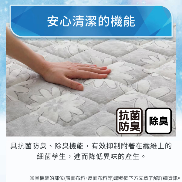 安心清潔的機能抗菌防臭除臭 具抗菌防臭、除臭機能,有效抑制附著在纖維上的細菌孳生,進而降低異味的產生。※具機能的部位(表面布料、反面布料等)請參閱下方文章了解詳細資訊。