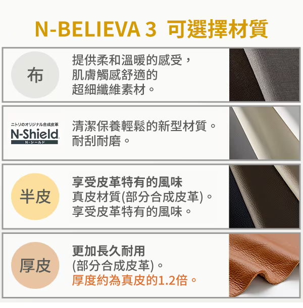 N-BELIEVA3 可選擇材質布提供柔和溫暖的感受,肌膚觸感舒適的超細纖維素材。ニトリのオリジナル合成皮革N-Shield.清潔保養輕鬆的新型材質。耐刮耐磨。享受皮革特有的風味半皮真皮材質(部分合成皮革)。享受皮革特有的風味。厚皮更加長久耐用(部分合成皮革)。厚度約為真皮的1.2倍。