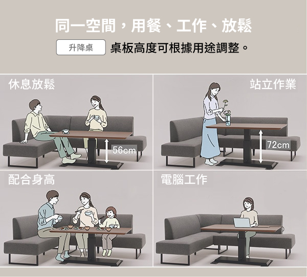 同一空間,用餐、工作、放鬆升降桌 桌板高度可根據用途調整。休息放鬆站立作業配合身高電腦工作72cm