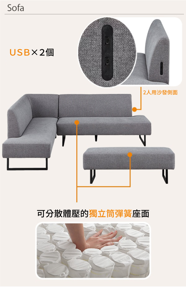 SofaUSBX2個2人用沙發側面可分散體壓的獨立筒彈簧座面