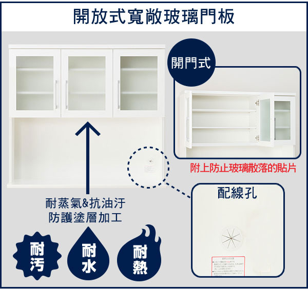 開放式寬敞玻璃門板開門式附上防止玻璃散落的貼片配線孔耐蒸氣&抗油汙防護塗層加工耐汚耐水