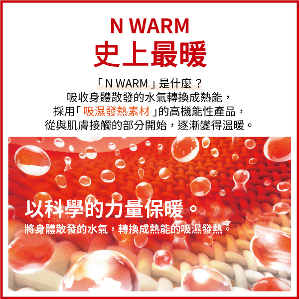 N WARM史上最暖N WARM是什麼?吸收身體散發的水氣轉換成熱能,採用「吸濕發熱素材」的高機能性產品,從與肌膚接觸的部分開始,逐漸變得溫暖。以科學的力量保暖。將身體散發的水氣,轉換成熱能的吸濕發熱。